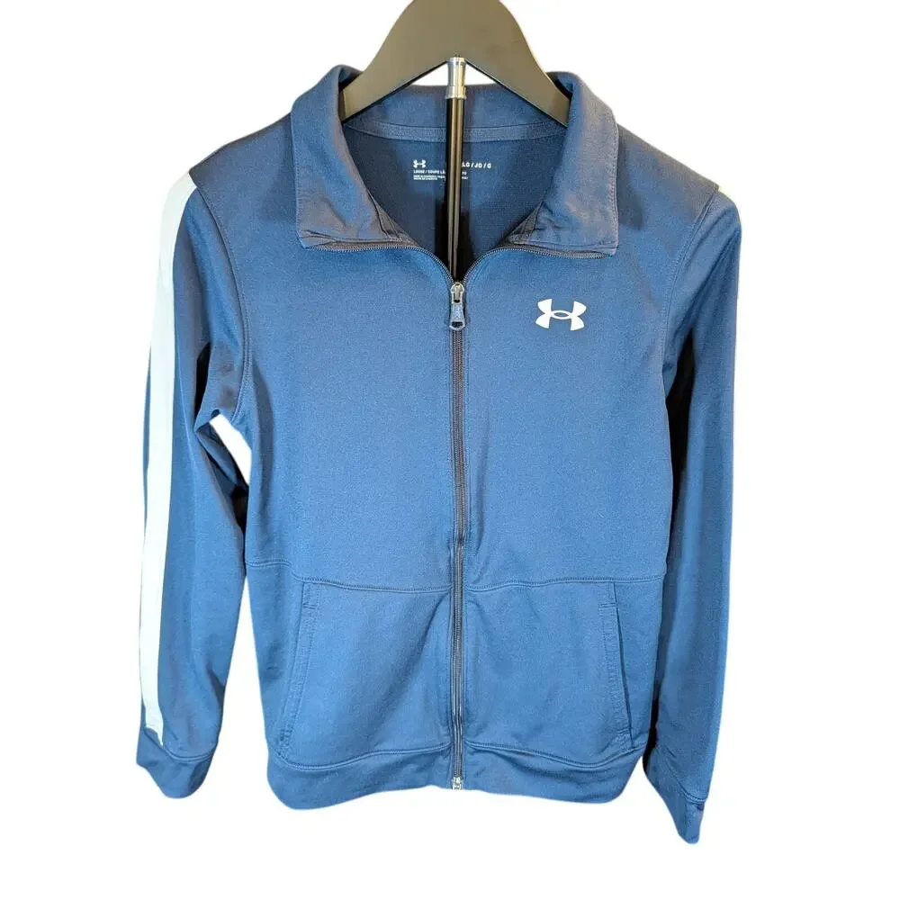 Under Armour Youth YLG Blue Full Zip Athletic Track Jacket White Stripe Logo